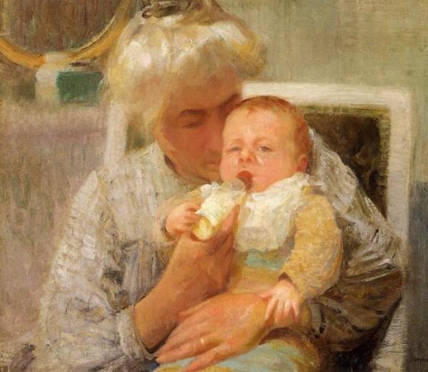 The Baby's Bottle by Robert Vonnoh Oil Painting Reproductions