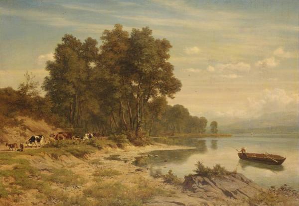 Robert Zund Cattle On Lakeside Path