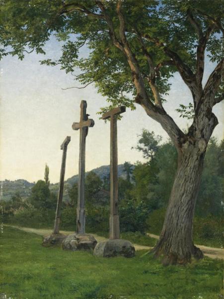 Drei Kreuze Am Wiesenweg Three Crosses Along A Country Lane by Robert Zund