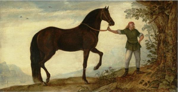 Roelant Savery A Black Stallion With A Groom, In A Landscape