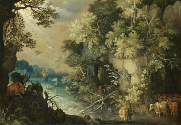 Roelant Savery A Bosky Fluvial Landscape With Cattle Resting And Drinking