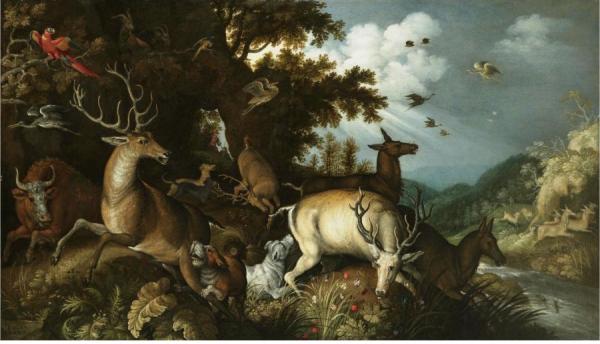 A Wooded River Lanscape With Stags Chased By Huntsmen And Their Dogs by Roelant Savery Oil Painting Reproductions