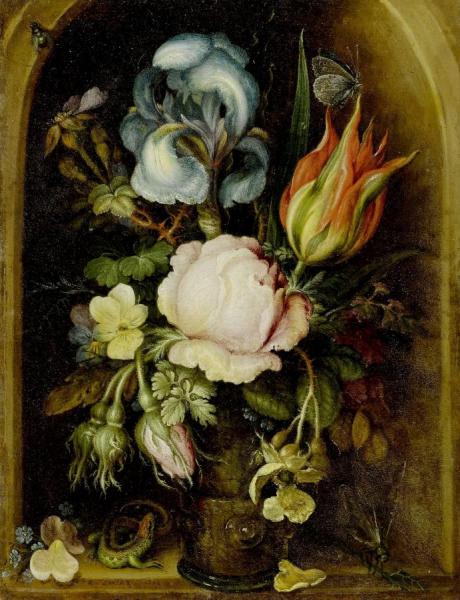 Still Life Of Flowers In A Glass Vase With Lizard And Butterfly In A Niche by Roelant Savery