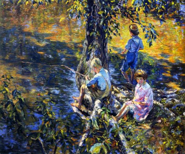 Three Children Fishing by Roy C. Nuse Oil Painting Reproductions