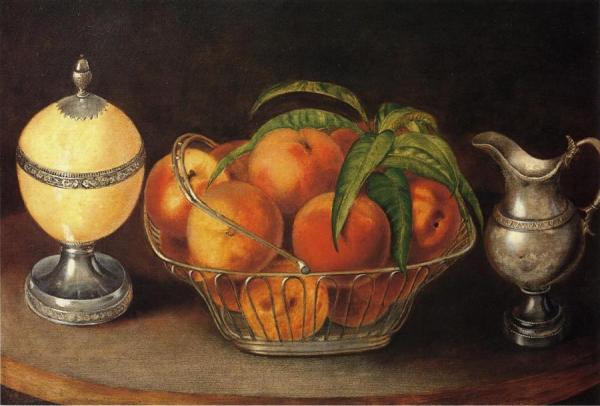 Basket Of Peaches With Ostrich Egg And Cream Pitcher by Rubens Peale