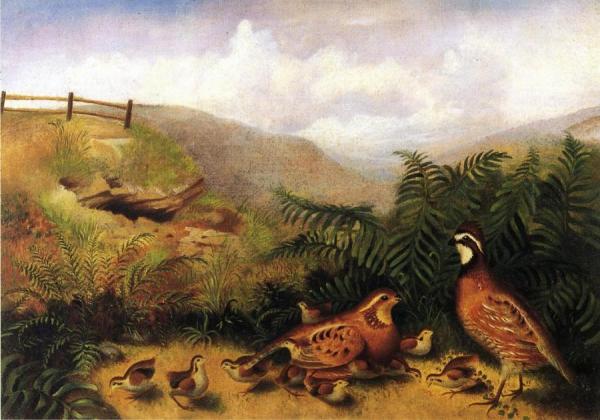 Landscape With Quail - Cock, Hen And Chickens by Rubens Peale