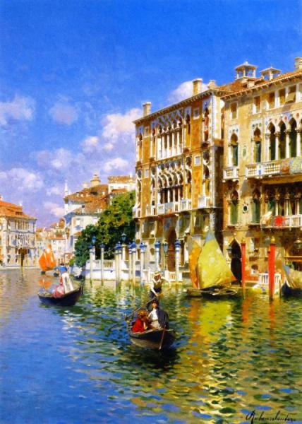 Gondoliers In Front Of The Palazzo Cavalli-franchetti, Venice by Rubens Santoro