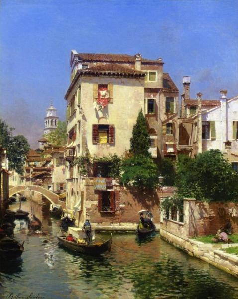 Gondoliers On A Venetian Canal by Rubens Santoro