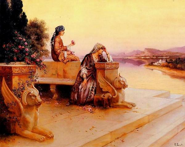 Elegant Arab Ladies On A Terrace At Sunset by Rudolf Ernst