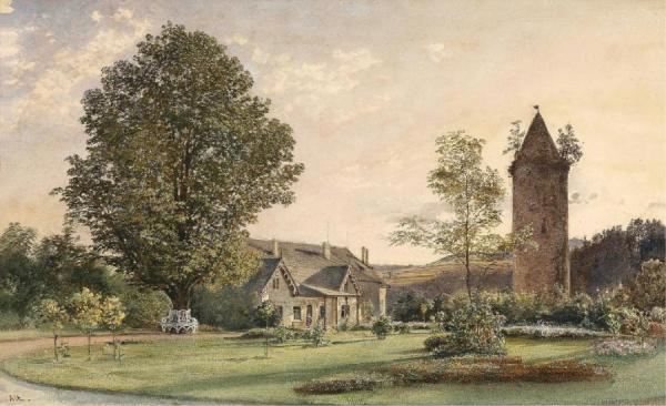 The Cottage And The Jacobin Tower In The Park Of The New Castle Rosenberg On The Vltava River by Rudolf Von Alt