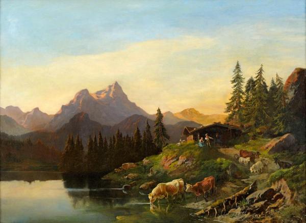 Alpine Lake With Mountain Hut by Rudolph Swoboda