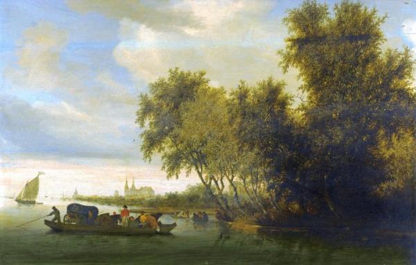 A River Landscape With A Ferry Boat And A Distant View Of Deventer by Salomon Van Ruysdael