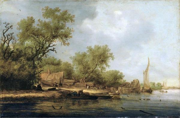 A River Landscape With Boatbuilders by Salomon Van Ruysdael