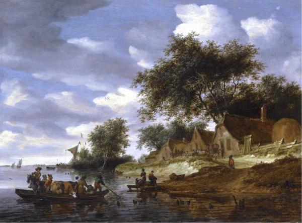 A River Landscape With Figures Crossing To The Shore On A Cattle Ferry by Salomon Van Ruysdael