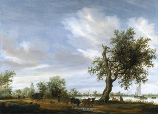 A River Landscape With Travellers And Herders On A Path, A Church Beyond by Salomon Van Ruysdael