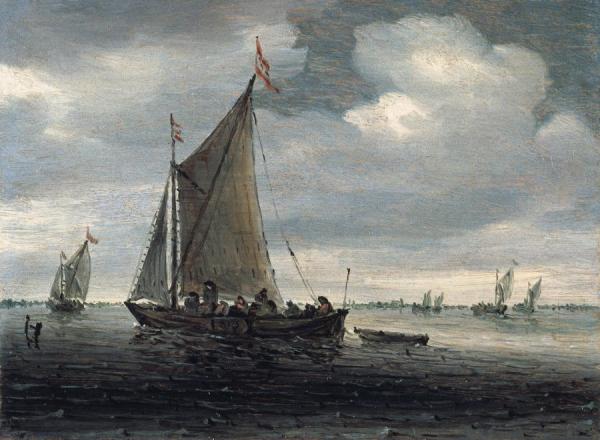 An Estuary Scene With A Kaag  Running Before  Light Breeze, And Others Similar Beyond by Salomon Van Ruysdael