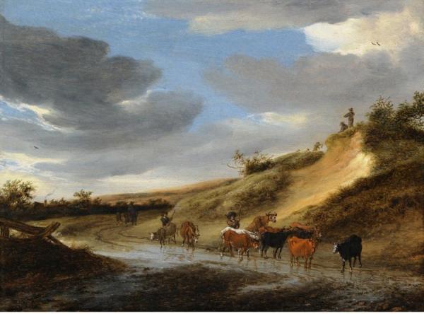 An Extensive Landscape With Cattle And Their Herdsmen Following A Partly Flooded Road by Salomon Van Ruysdael