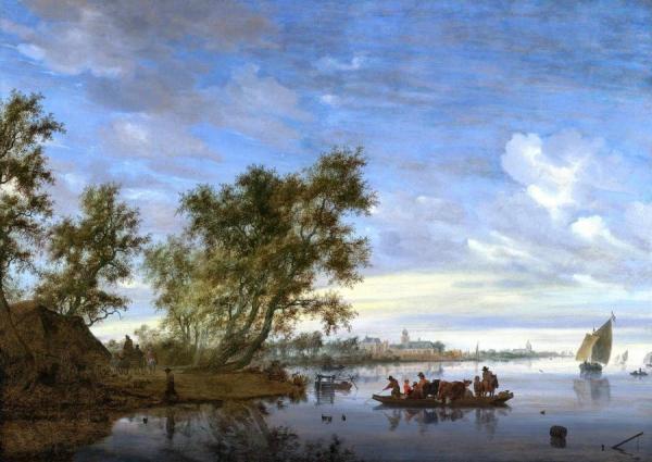 Ferry Boat With Cattle On The River Vecht Near Nijenrode by Salomon Van Ruysdael
