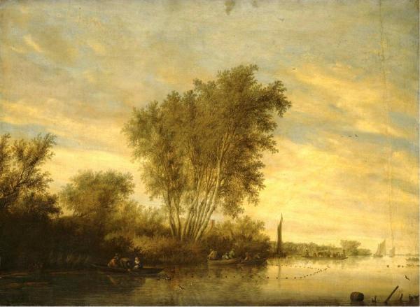 River Landscape With Fishermen Setting Out Their Nets, A Ferry Beyond by Salomon Van Ruysdael