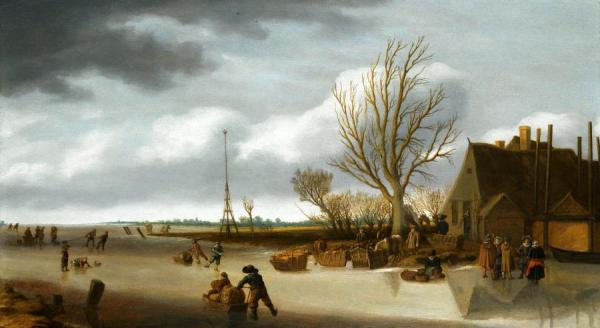 Winter Landscape With A Boy On Skates Pushing A Sled by Salomon Van Ruysdael