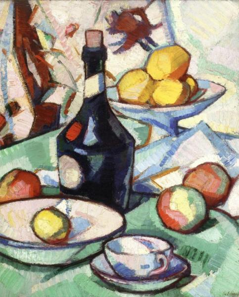 Still Life With Benedictine Bottle And Fruit by Samuel John Peploe