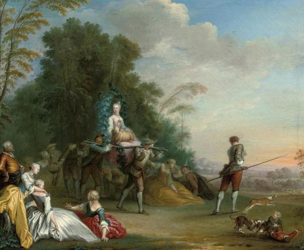 A Shepherdess And Festooned Lamb Carried In A Rustic Palanquin by Sebastien-jacques Leclerc