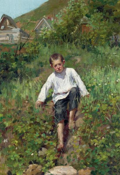 A Boy Climbing Down A Bank by Sergei Arsenevich Vinogradov