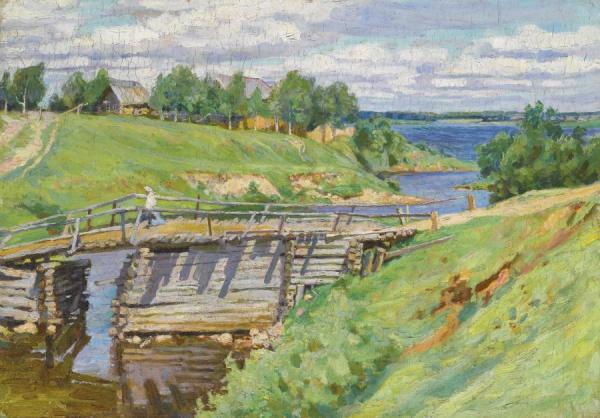 A River Landscape With A Bridge by Sergei Arsenevich Vinogradov Oil Painting Reproductions