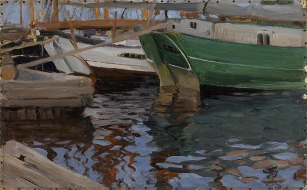 Boats In Arkhangelsk Port by Sergei Arsenevich Vinogradov Oil Painting Reproductions