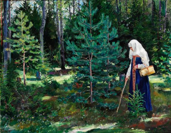 Russian Woman In A Folk Costume Looking For Mushrooms In A Pine Forest by Sergei Arsenevich Vinogradov