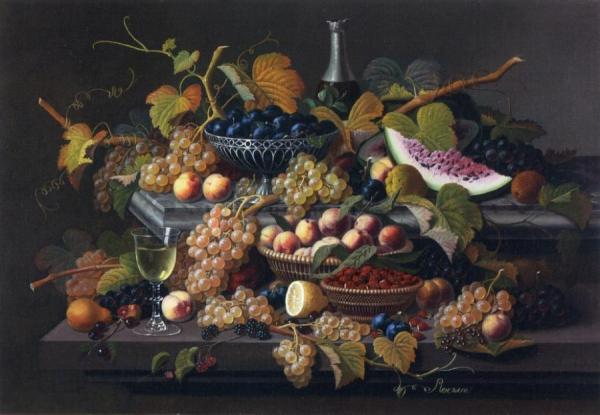 Severin Roesen Elaborate Still Life With Silver Basket Of Plums