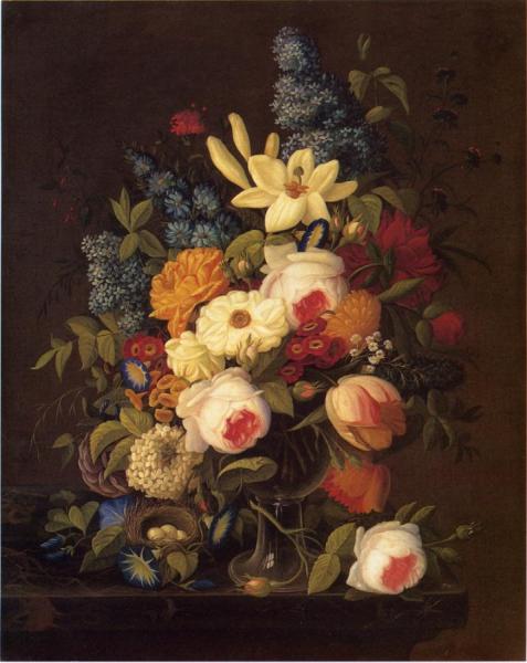 Floral Still Life With Nest Of Eggs by Severin Roesen