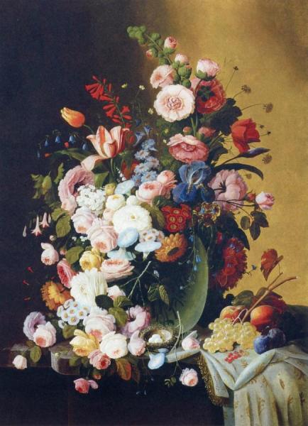 Flowers In A Glass Pitcher With Bird's Nest And Fruit by Severin Roesen