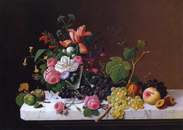 Severin Roesen Fruit And Flowers On A Marble Table Ledge