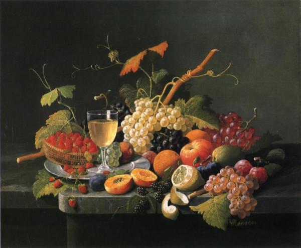 Fruit On A Marble Ledge With Wine Glass by Severin Roesen