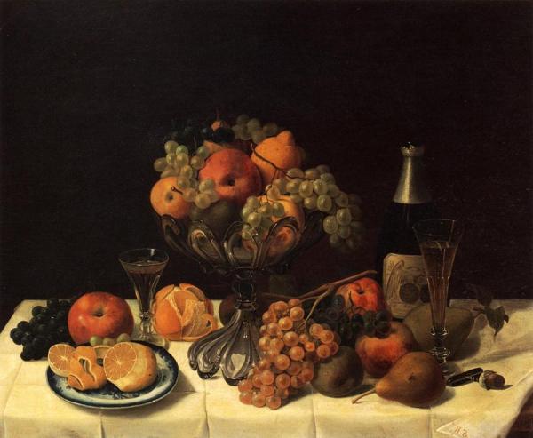 Fruit Still Life With Champagne Bottle by Severin Roesen