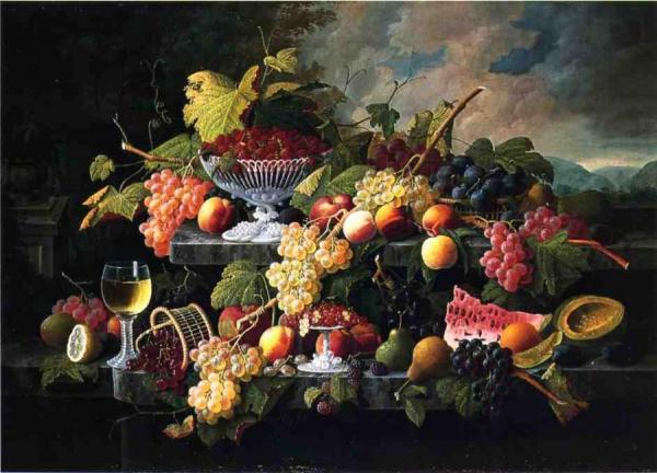 Fruit Still Life With Wine Glass In A Landscape by Severin Roesen