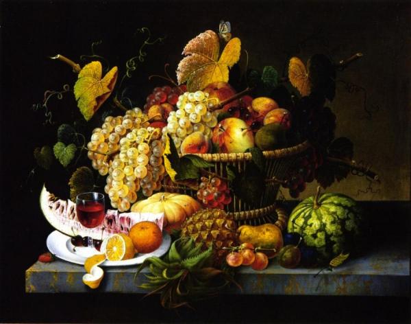 Severin Roesen Still Life With Basket Of Fruit