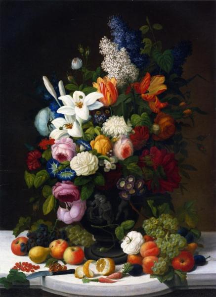 Severin Roesen Still Life With Flowers And Fruit