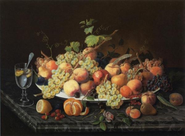 Still Life With Fruit And Glass Of Lemonade by Severin Roesen