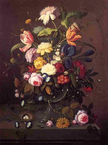 Vase Of Flowers In Footed Glass Bowl With Bird's Nest by Severin Roesen