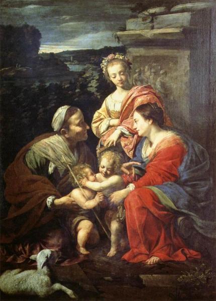 The Holy Family With Sts Elizabeth, John The Baptist And Catherine by Simon Vouet