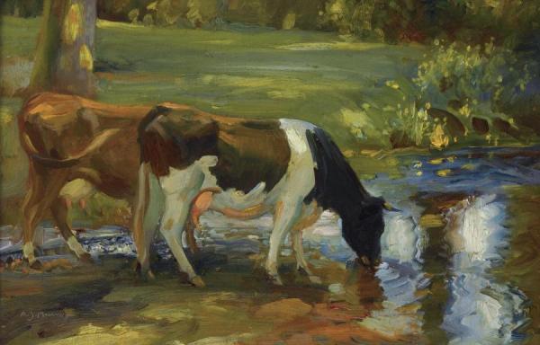 Dairy Cows By A Stream by Sir Alfred James Munnings