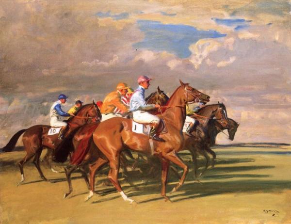 Sir Alfred James Munnings Lord Astor's High Stakes With Sir Gordon Richards Up At Newmarket
