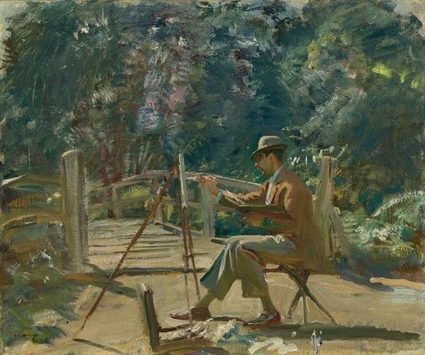 Maurice Codner Sketching By The Bridge At Wiston by Sir Alfred James Munnings Oil Painting Reproductions