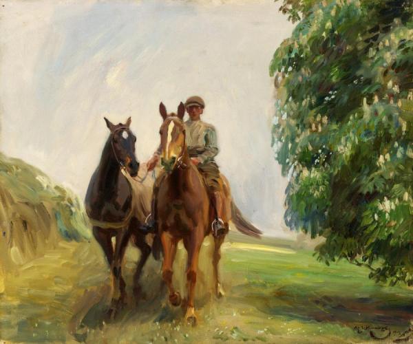 Shrimp Leading Two Hunters by Sir Alfred James Munnings
