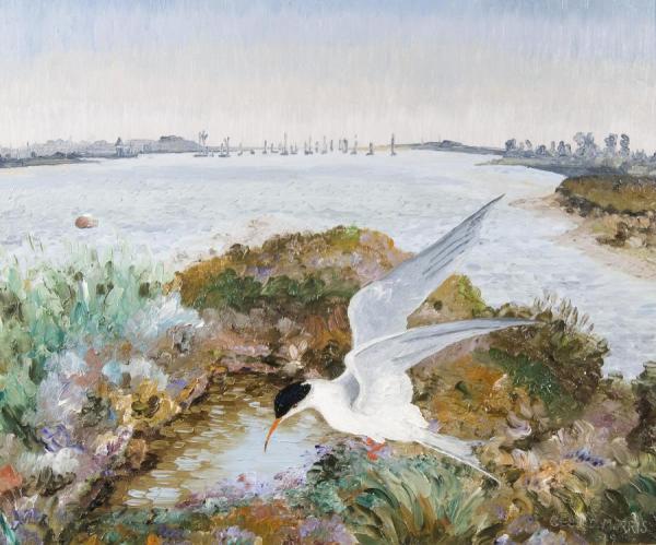 Tern In An Estuary Landscape by Sir Cedric Morris