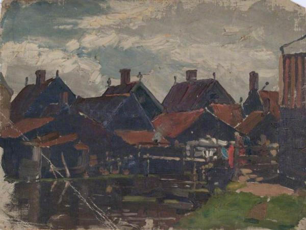 Sketch Of Wooden Houses Beside Pond (holland) by Sir George Clausen