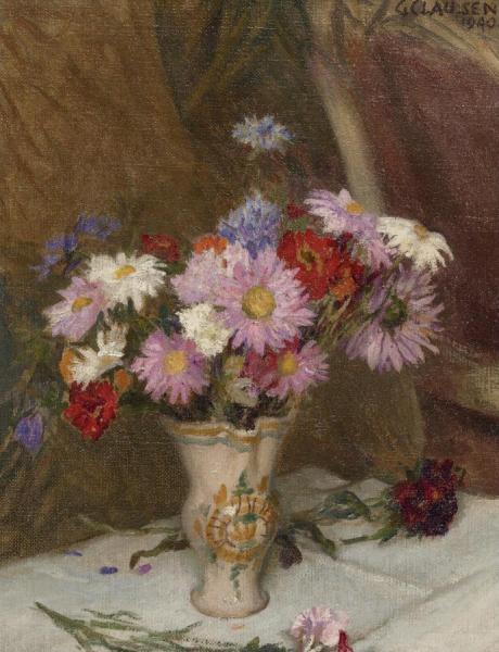 Still Life With Michaelmas Daisies And Cornflowers In A Jug by Sir George Clausen