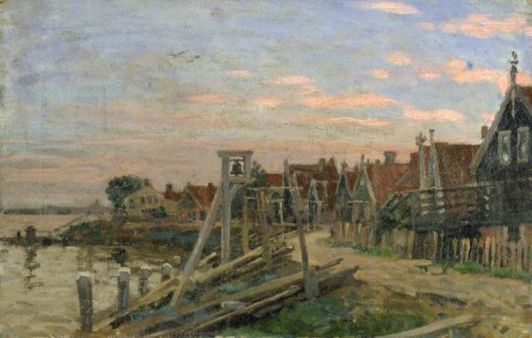 Study Of Wooden Houses On A Beach At Sunset (holland) by Sir George Clausen